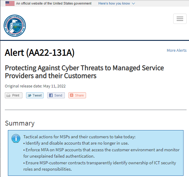National Security agencies, including CISA, NSA and FBI publish an Alert to MSPs against Supply Chain Attacks