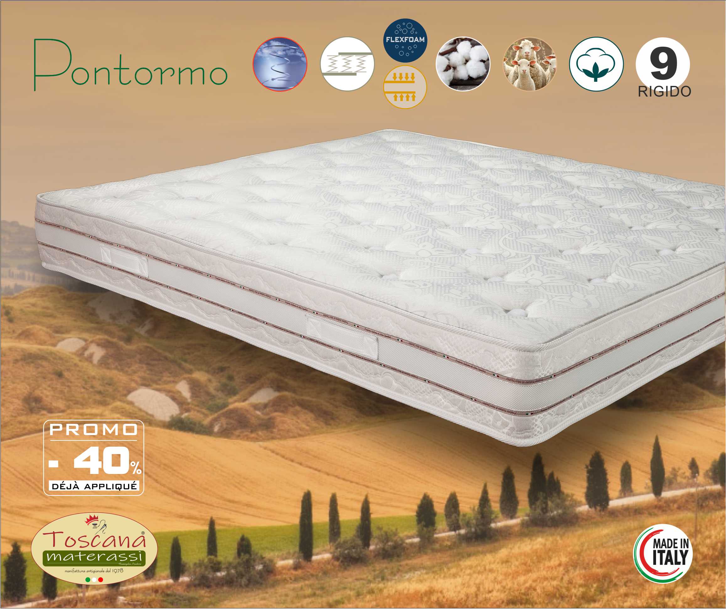 Matelas PONTORMO h. 21 - ressorts bonnel super rigides 600 avec laine italiens et coton