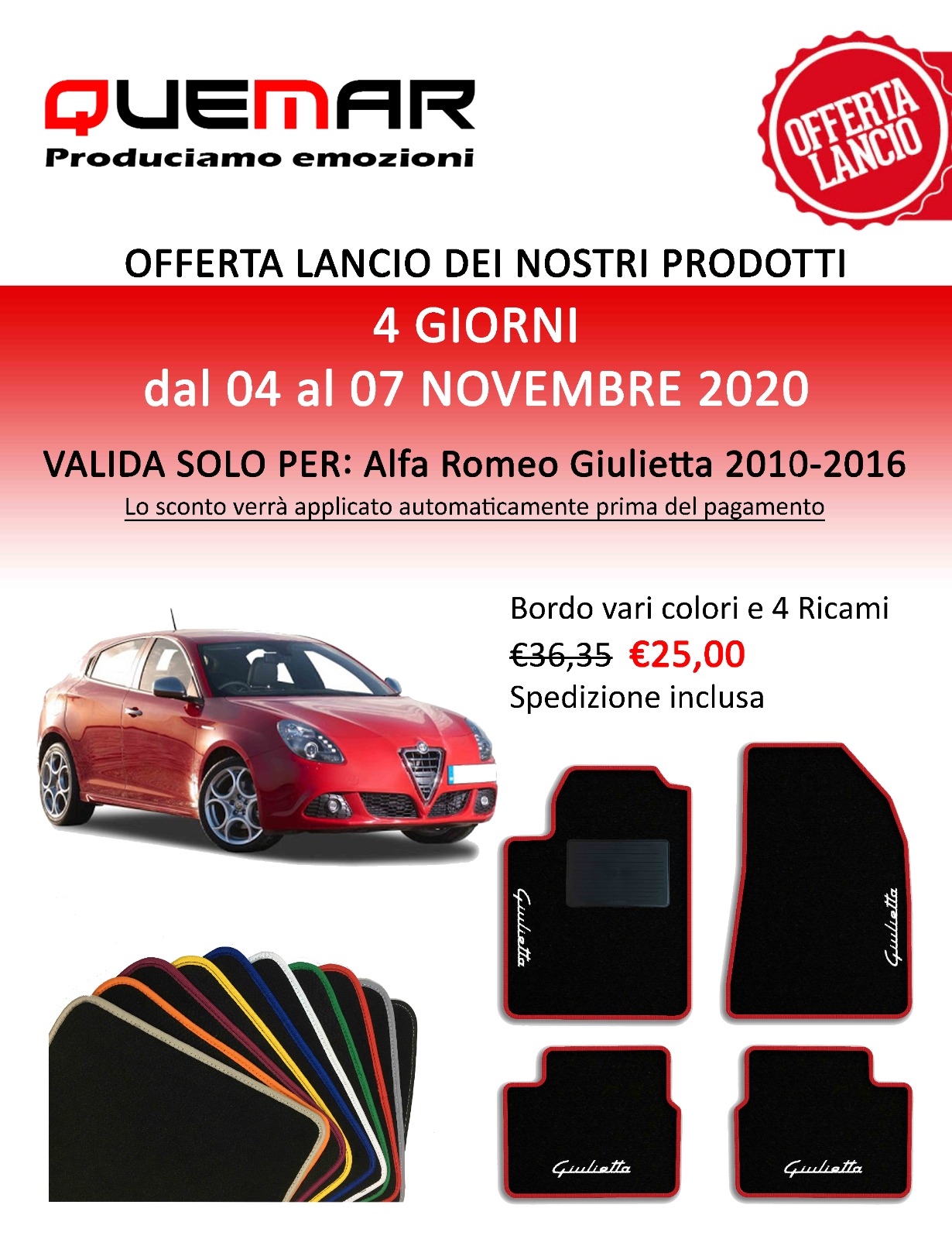 Kit 4 Tappetini Auto per ALFA ROMEO GIULIETTA 2016