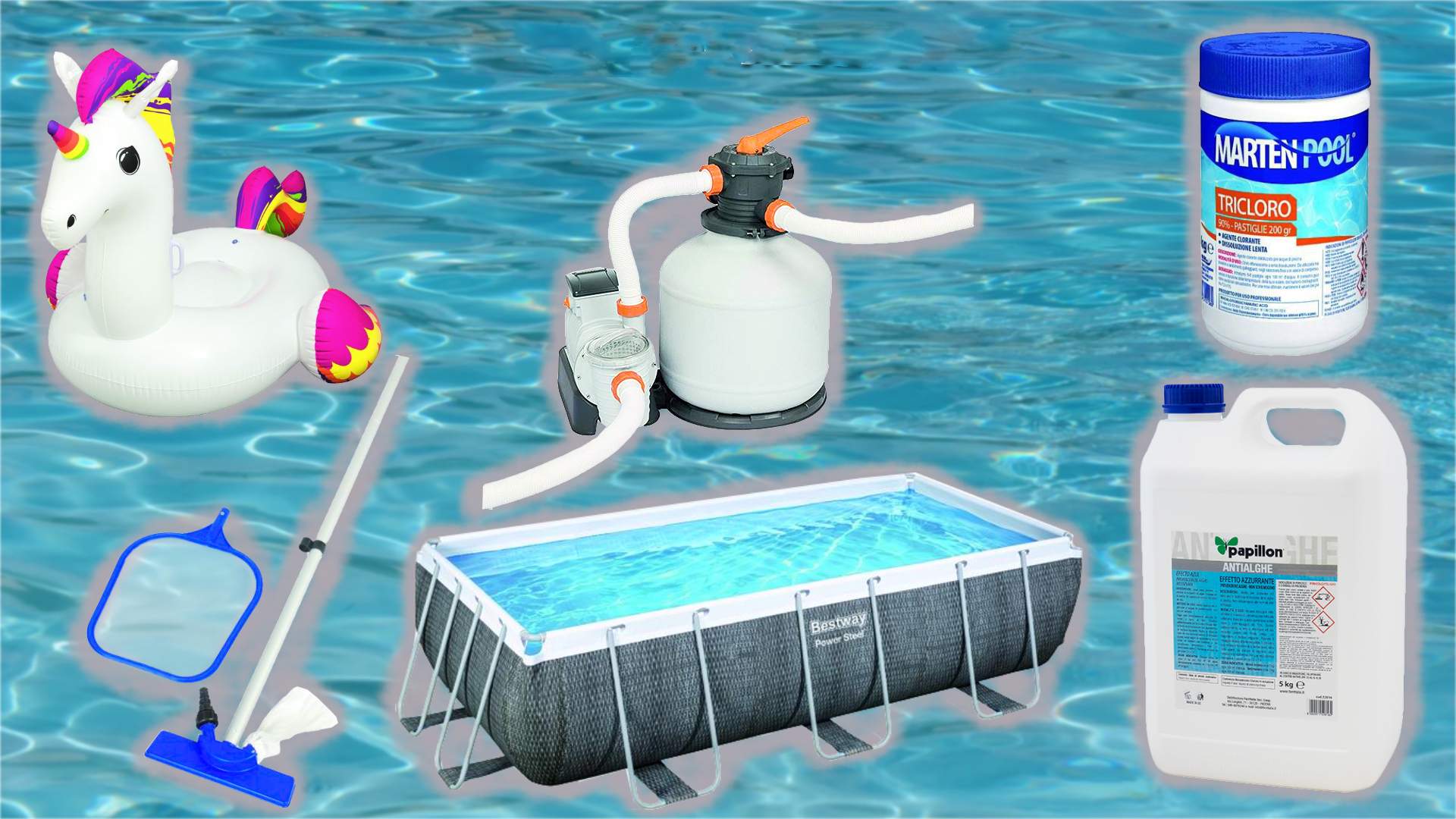 piscina con unicorno gonfiabile, pompa a sabbia, prodotti chimici per piscina ed accessori per la piscina