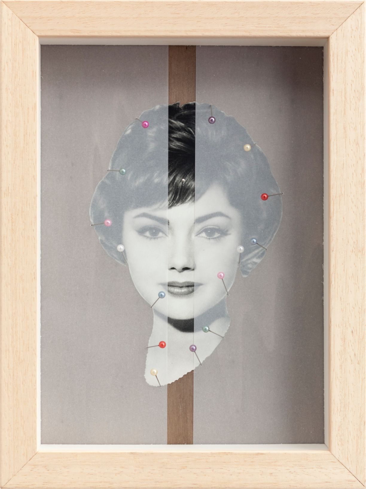 2013, vintage photos, pins and tracing paper, in wooden box frame, 26 x 19,5 x 5,5 cm