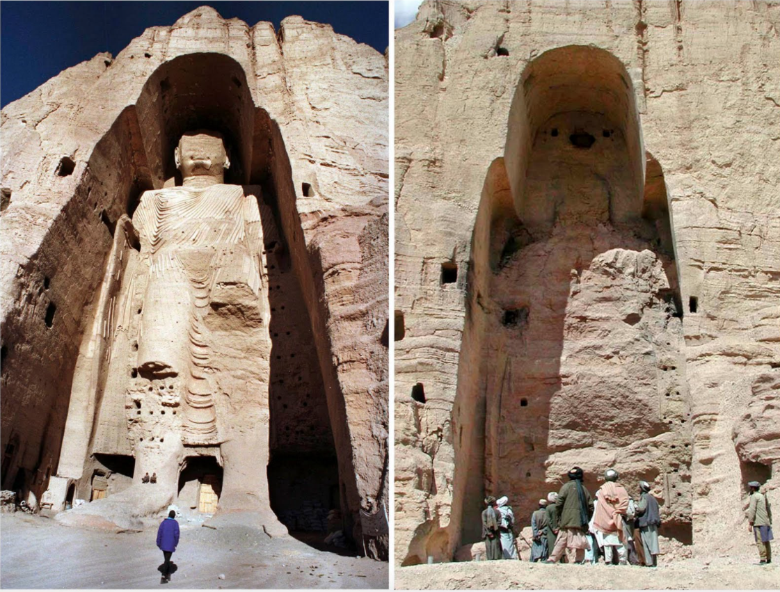 Uno dei Buddha di Bamiyan prima e dopo la distruzione