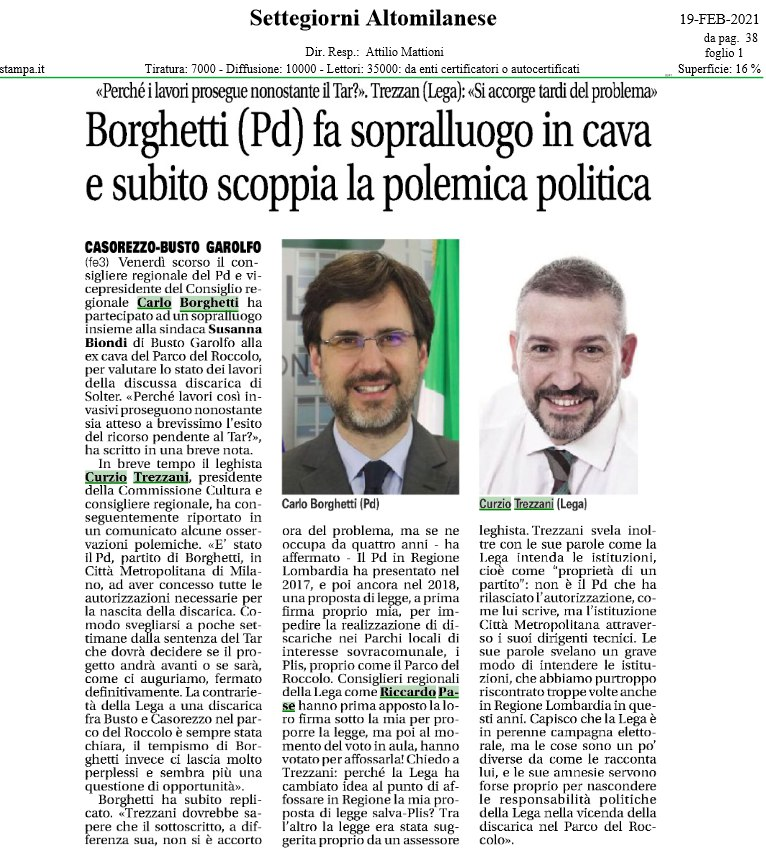 DISCARICA BUSTO-CASOREZZO, TREZZANI(LEGA): “IL PD SI ACCORGE TARDI DEL PROBLEMA”