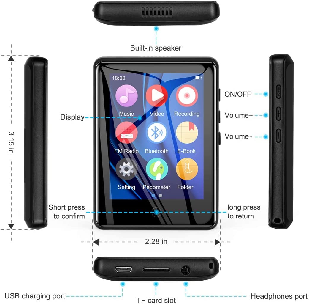 Timoom Lettore MP3 32GB Bluetooth 5.0 Full Touch 2.8" Screen MP4 player