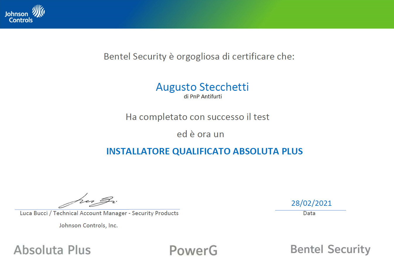 PnP Antifurti Certificato installatore qualificato Bentel Security Plus