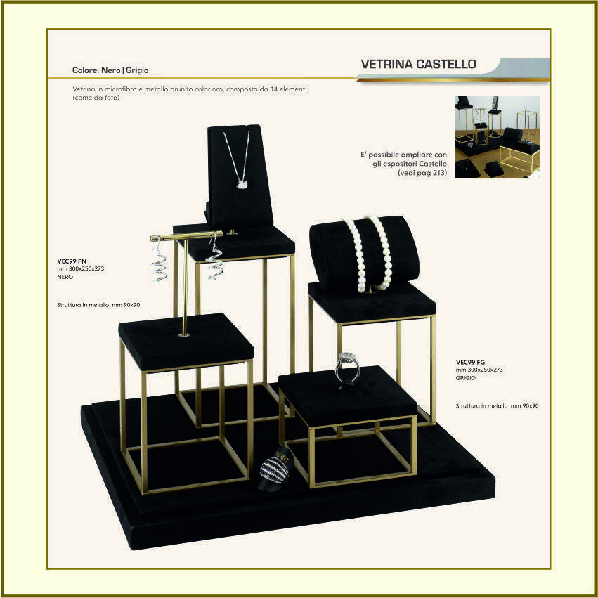 Espositori per gioielli in metallo e microfibra Oro e Nero Stelo