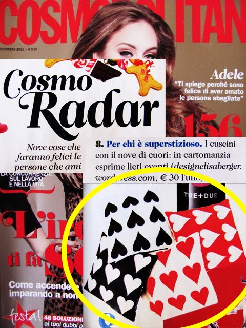 Elisa Berger Design,Cosmopolitan Magazine, Cuscini Elisa Berger Design,Cosmopolitan Milano,Lugano,Arredamento