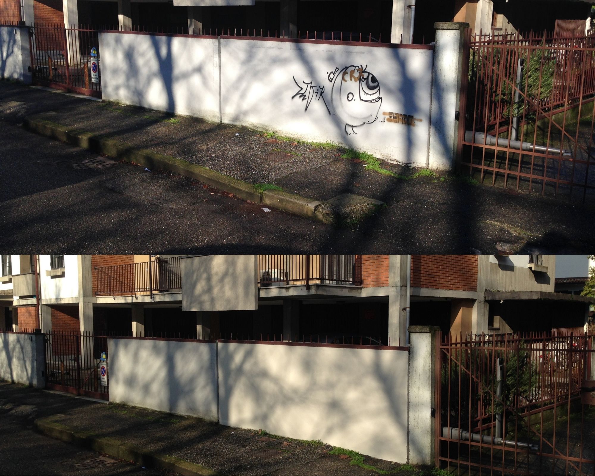 Eliminazione di un graffito da un muro di una casa