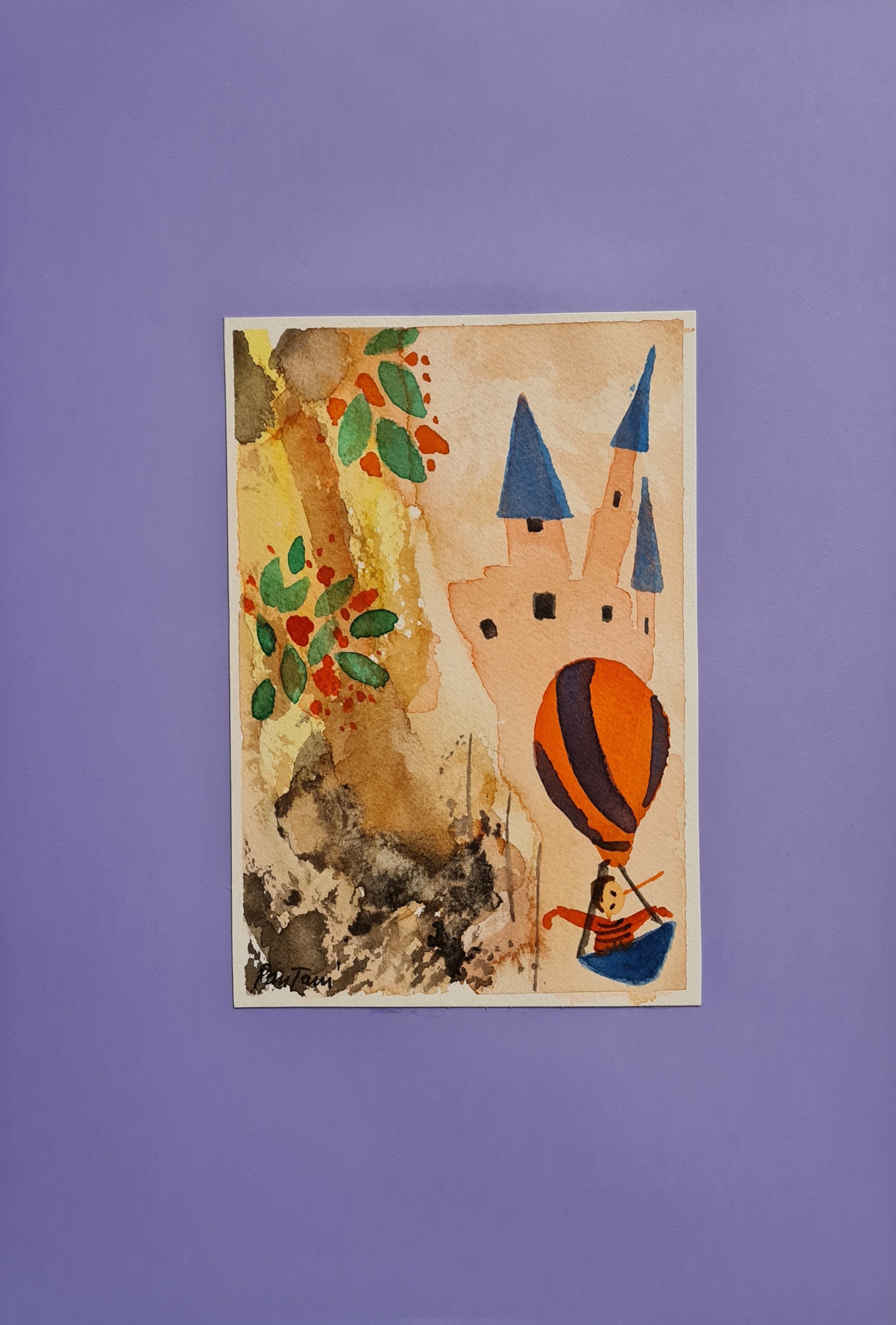 Acquerello originale Pinocchio in mongolfiera