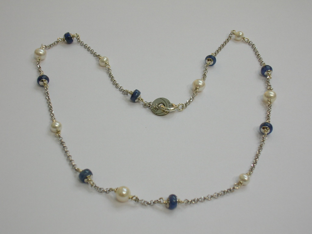 Girocollo argento, perle coltivate e Kianite blu