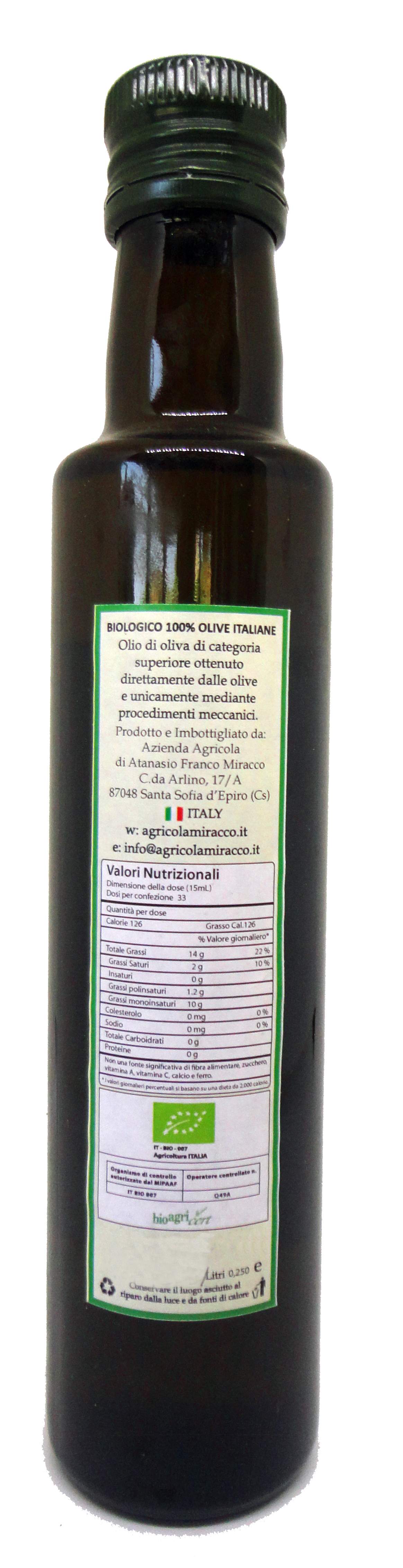 Olio Extravergine di Oliva  Biologico 100% Italiano - Bottiglia 250 Ml