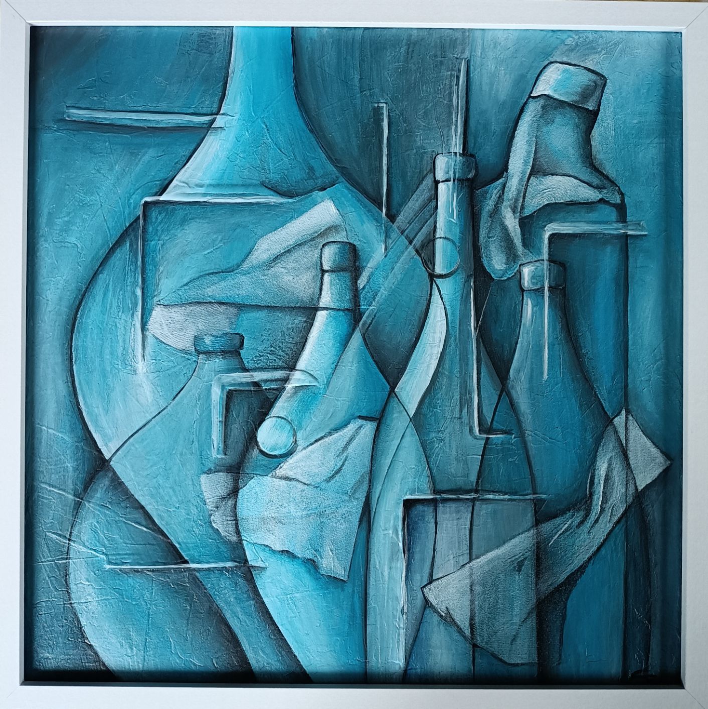 dipinto su tela acrilico e gesso bottiglie blu
