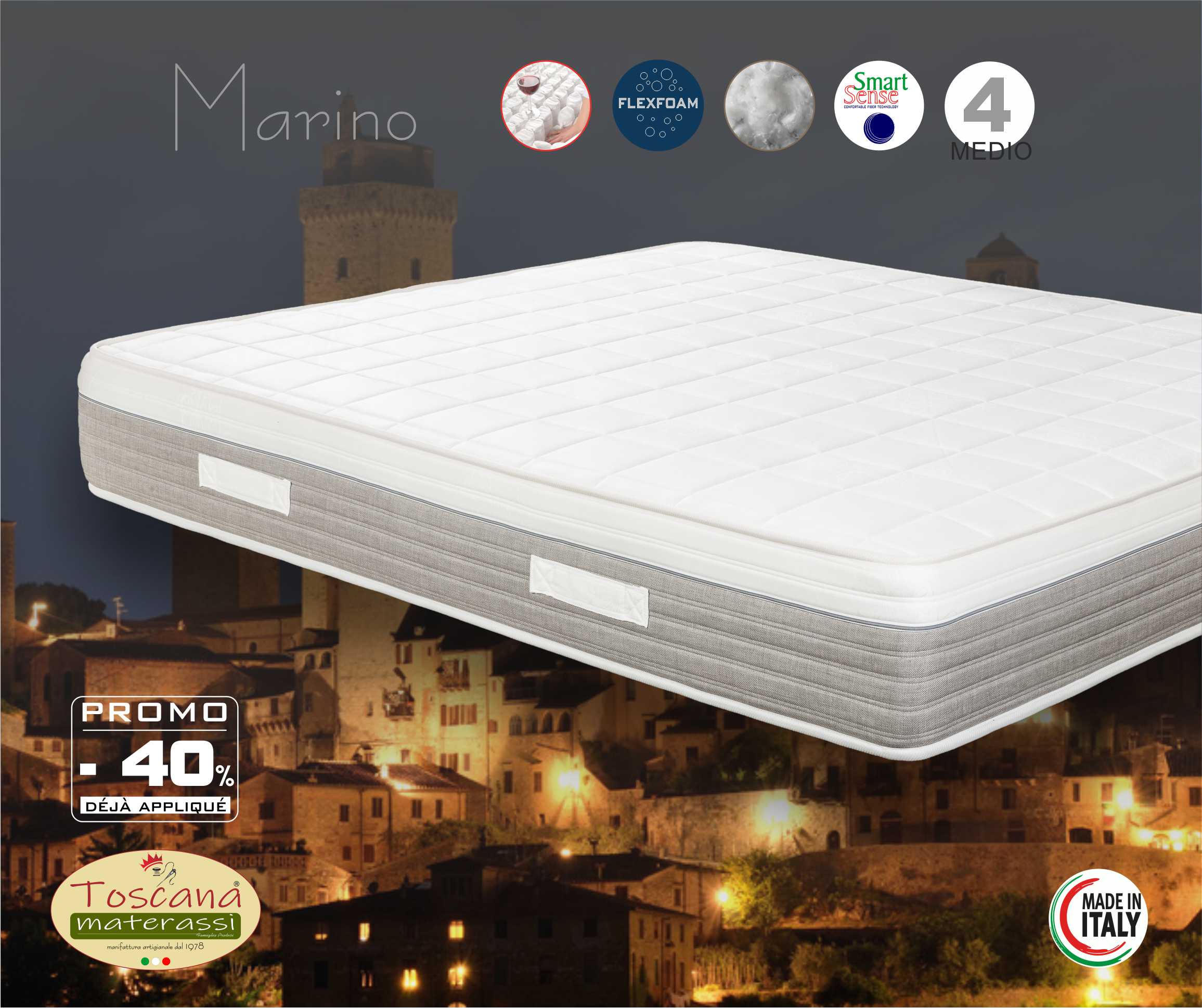 Matelas MARINO h. 22 - ressorts indépendants 1600 - système hypoallergénique, amovible et lavable